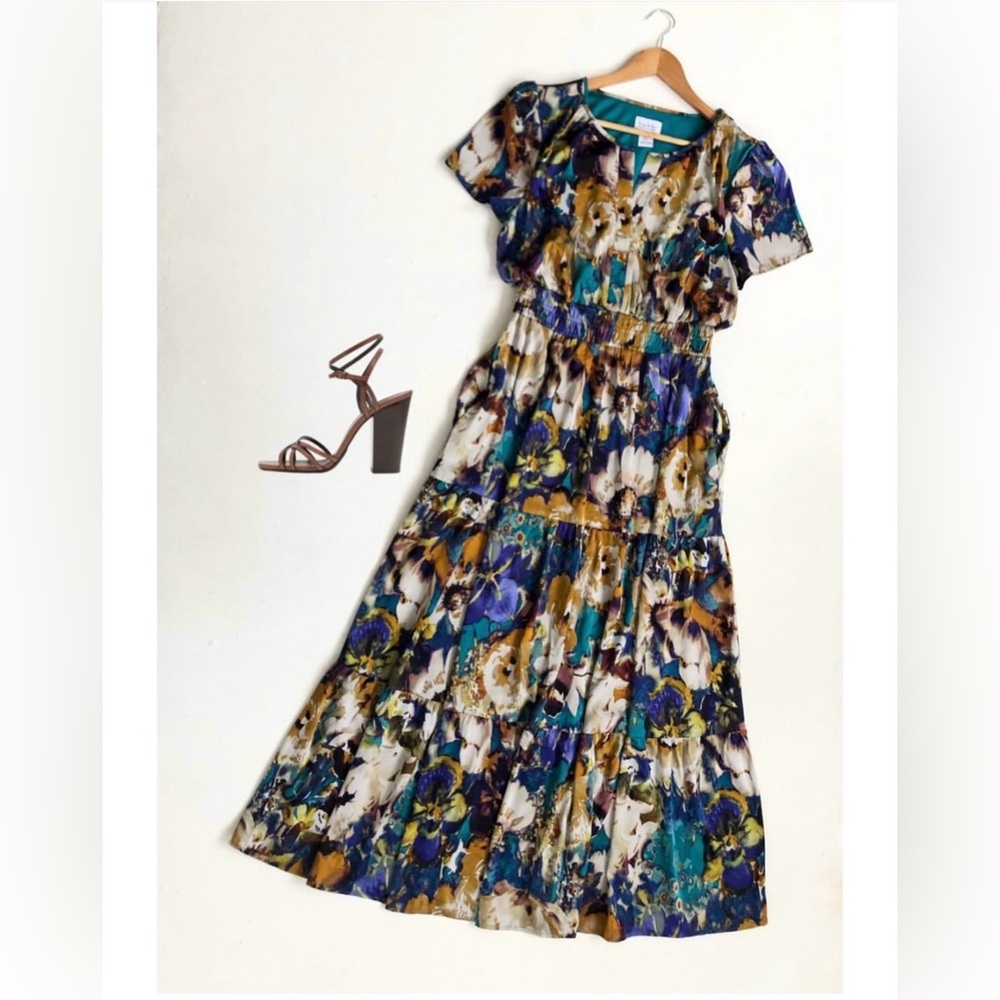 Nicole Miller Floral Silk Multicolor Floral Tiered Earth Tones Maxi Dress